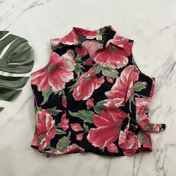 St Johns Bay Womens Vintage Y2k Wrap Crop Top Size L Black Pink Floral Tie Trim - Picture 1 of 9